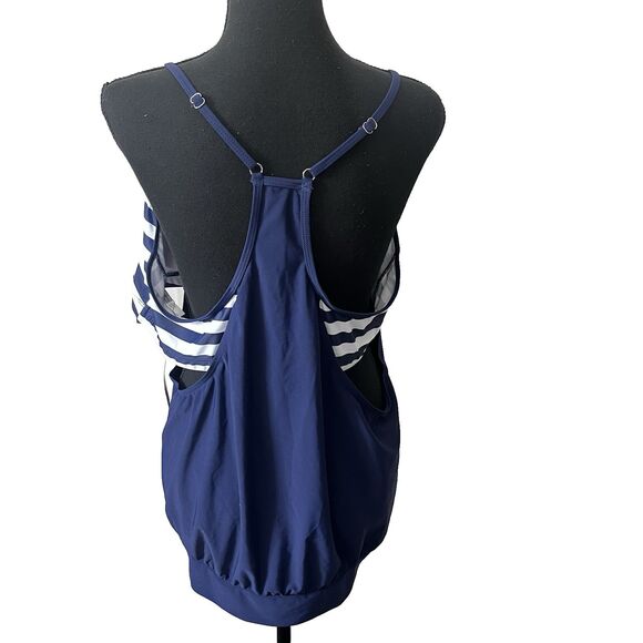 Holipick Women's Plus Size 20W  Blouson Navy Blue & White Tankini‎ Swim Top - Picture 3 of 4